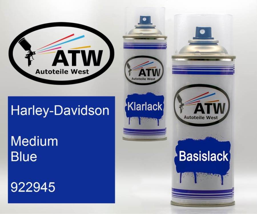 Harley-Davidson, Medium Blue, 922945: 400ml Sprühdose + 400ml Klarlack - Set, von ATW Autoteile West.